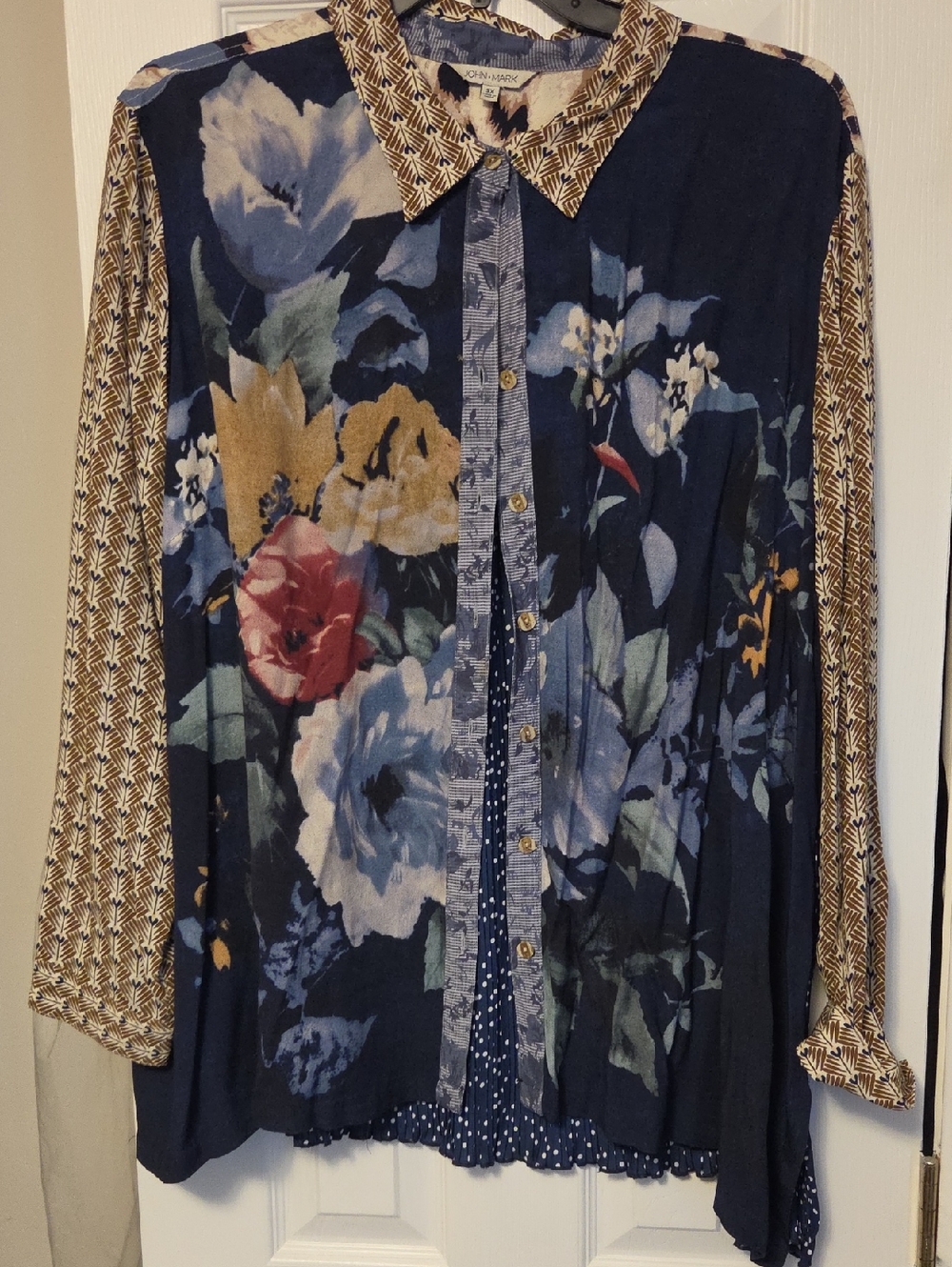 John Mark Navy Multi-Color Mixed-Print Floral Button Front Blouse